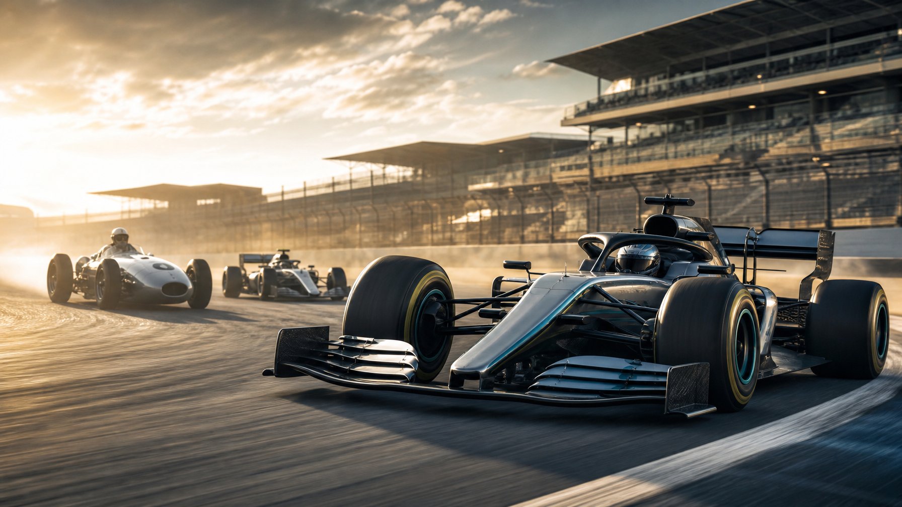Dua mobil balap Formula 1 dari era berbeda melaju di lintasan sirkuit, menggambarkan perjalanan rekor juara dunia.