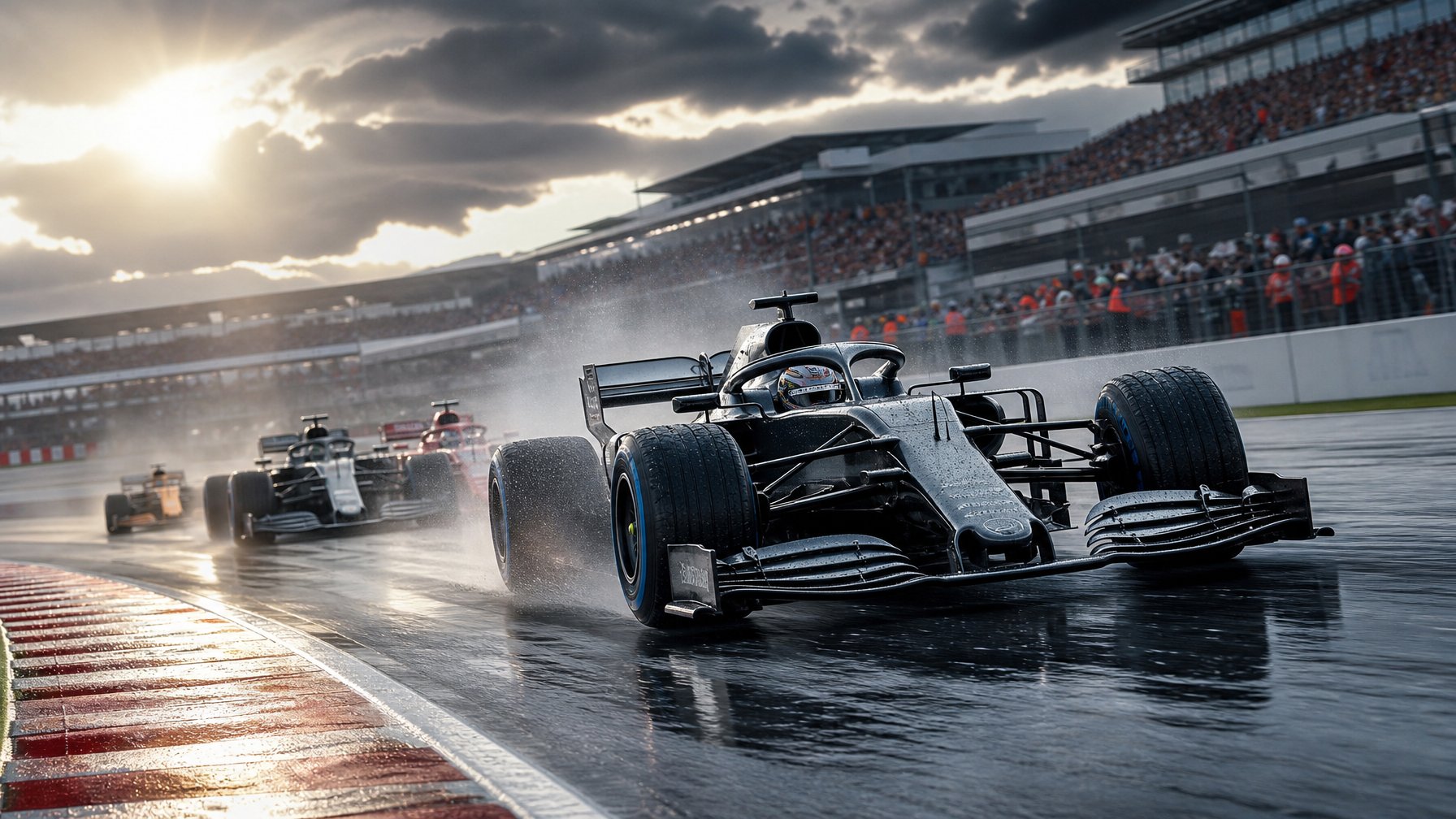 Mobil balap Formula 1 melaju di lintasan basah saat dua pembalap bersaing ketat di tengah sorakan penonton.