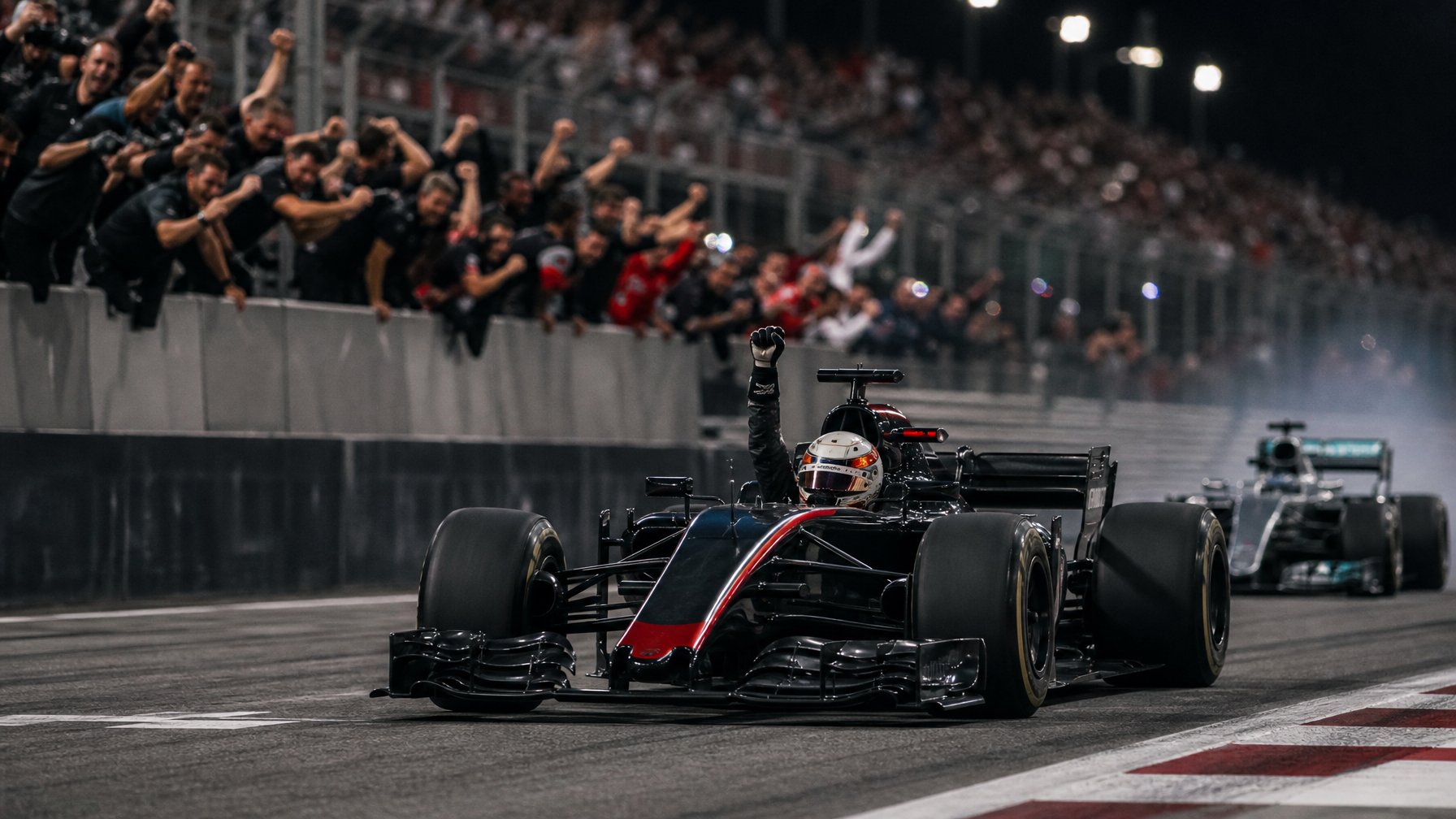 Pembalap Formula 1 merayakan kemenangan dramatis setelah menyalip rival dalam perebutan gelar juara dunia.