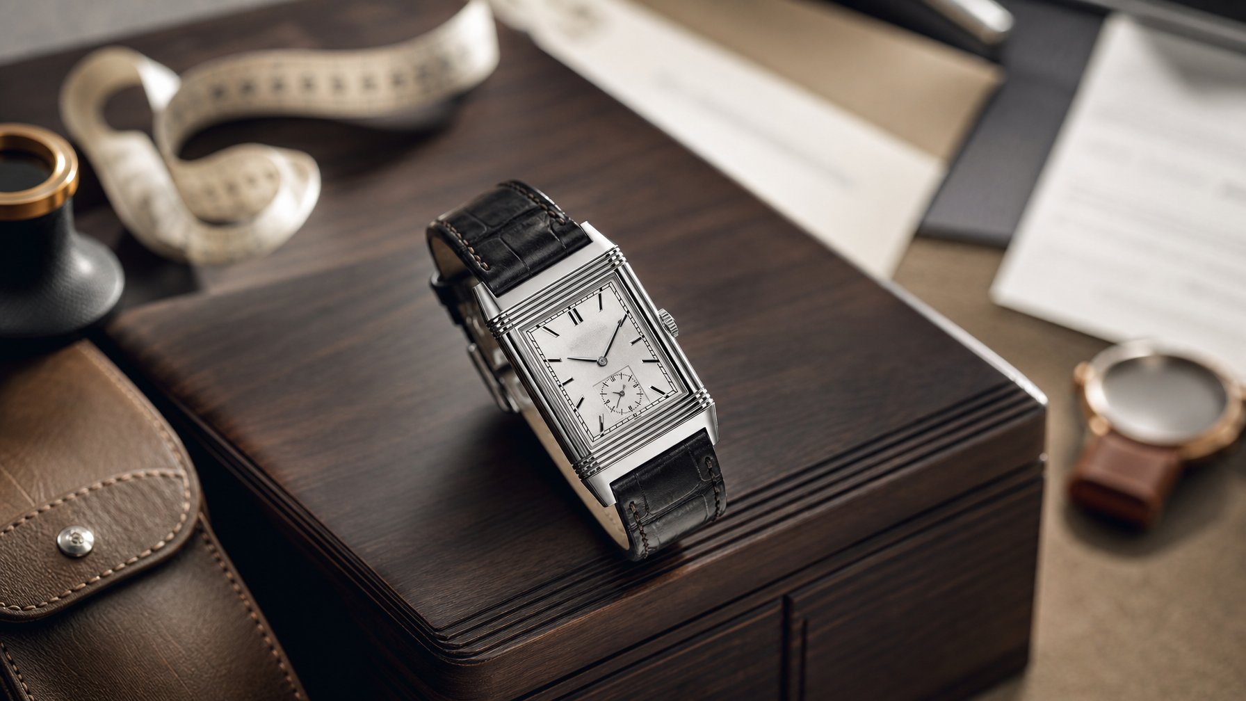 Jam tangan persegi panjang elegan diletakkan di atas kotak kayu dengan aksesori pemeriksaan jam di sekitarnya.