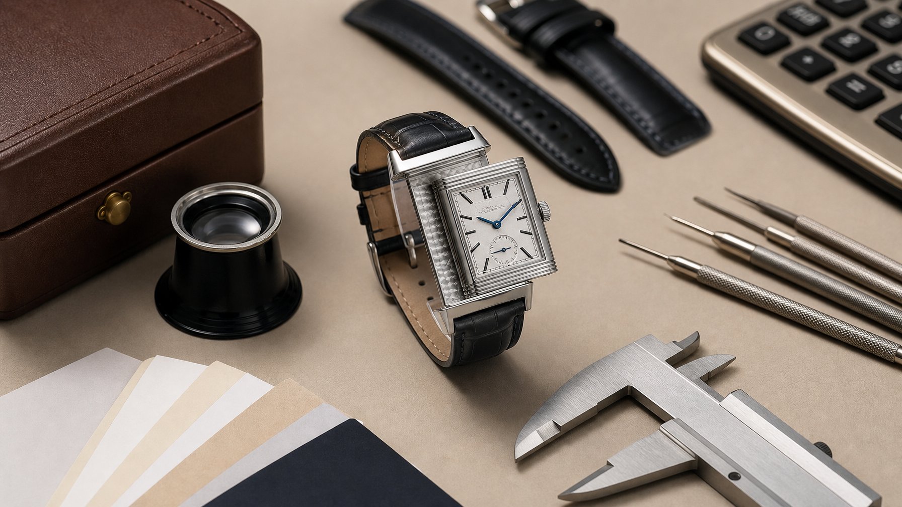 Jam tangan mewah berbentuk persegi panjang dikelilingi alat pemeriksa dan aksesori premium di atas permukaan netral.