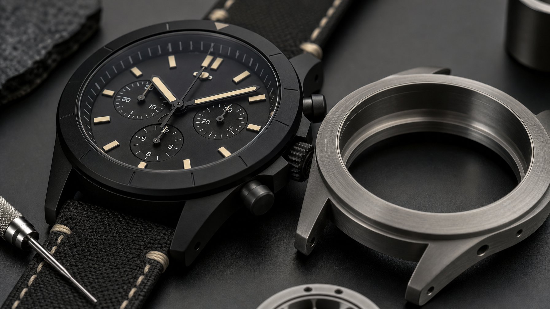 Jam tangan pilot premium dengan bagian keramik hitam dan titanium abu-abu ditampilkan dalam close-up.