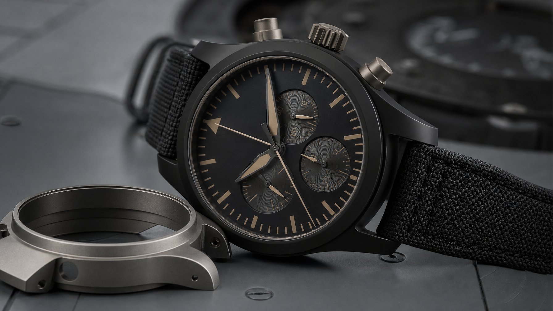 Jam tangan pilot hitam dengan casing keramik dan komponen titanium di atas permukaan gelap.