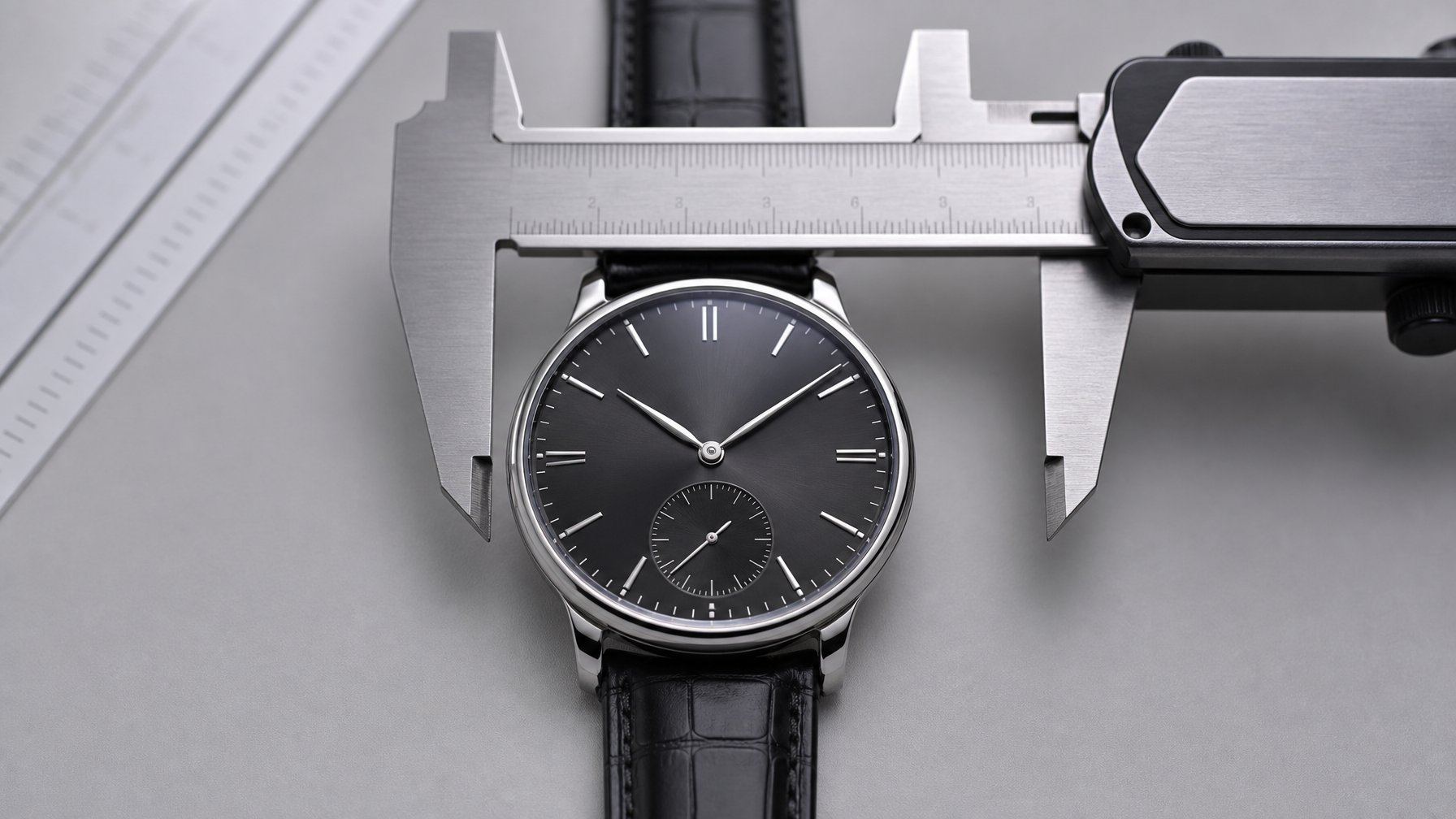 Jam tangan pria diletakkan bersama alat ukur untuk mengukur diameter casing.