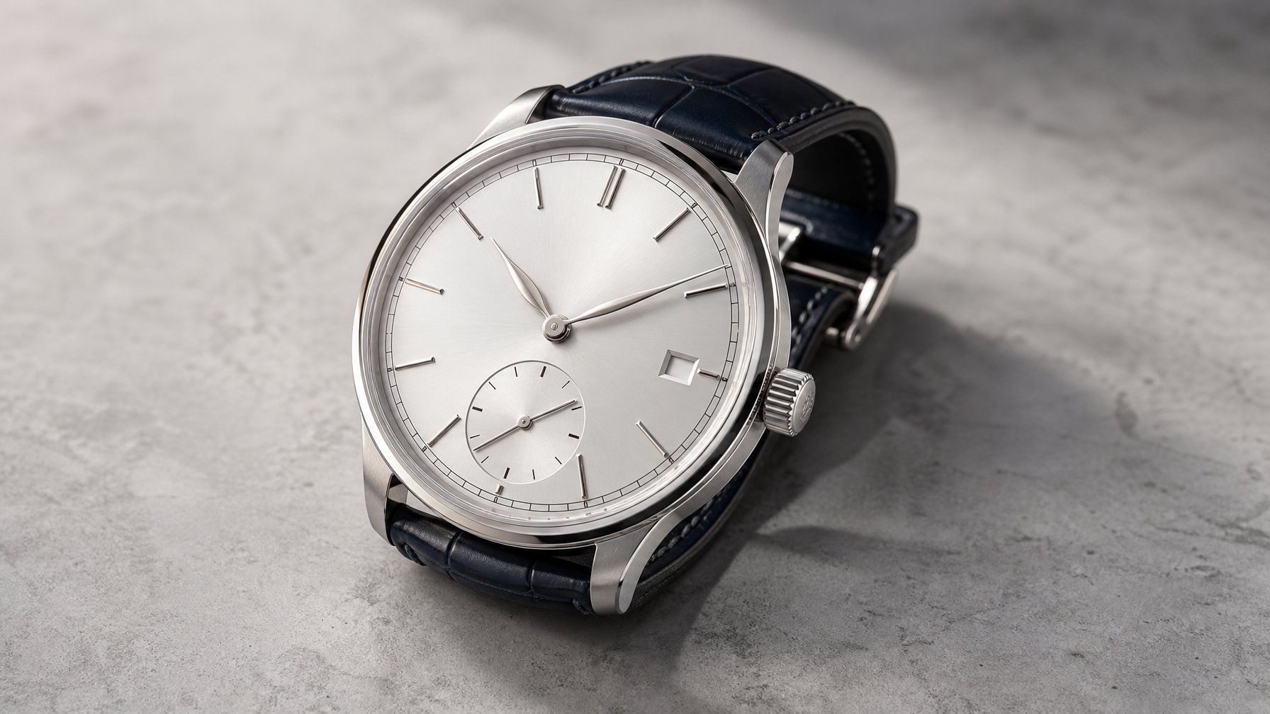 Jam tangan otomatis mewah berdiameter 40 mm dengan dial putih dan tali kulit biru diletakkan di atas permukaan batu abu-abu.