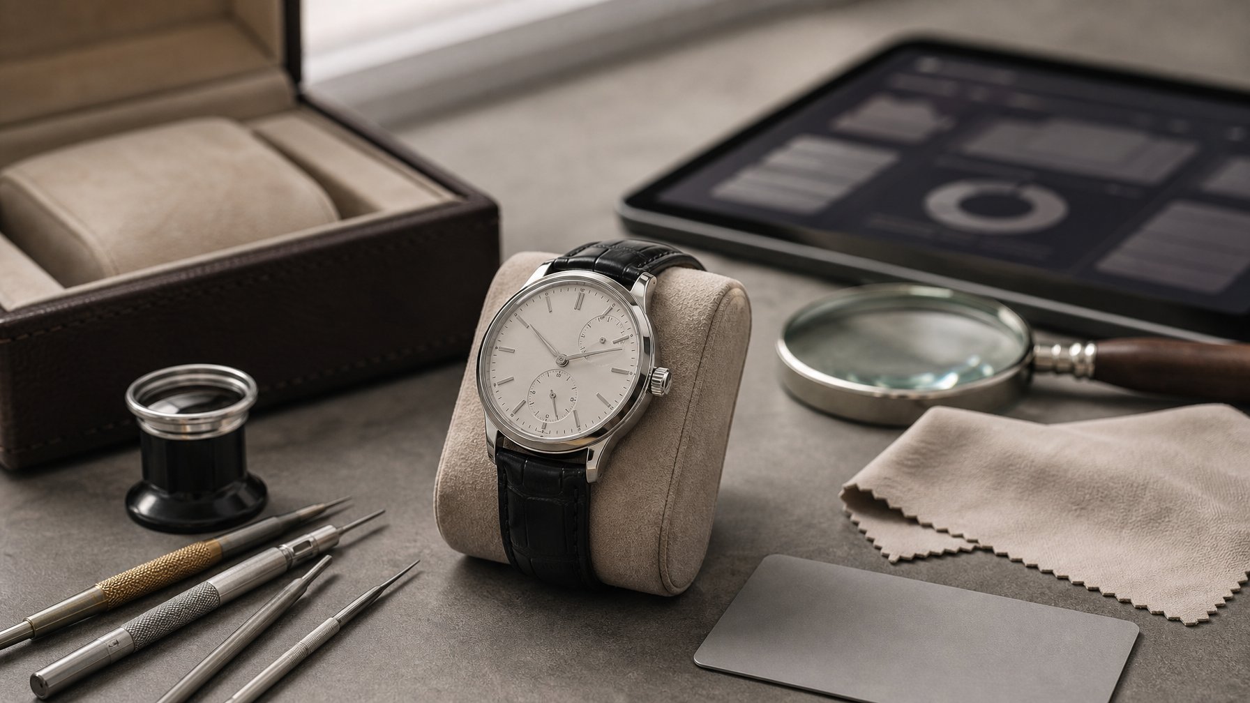 Jam tangan mewah bekas diperiksa bersama kaca pembesar, alat pembuat jam, dan kotaknya di atas meja.