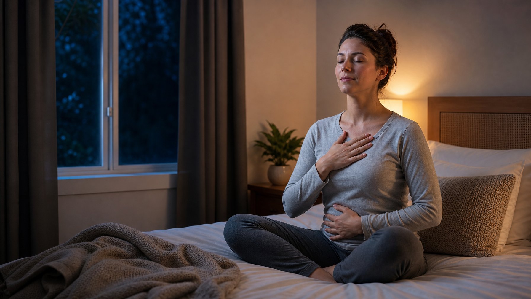 Seseorang bermeditasi sambil mengatur napas di kamar tidur yang tenang pada malam hari.
