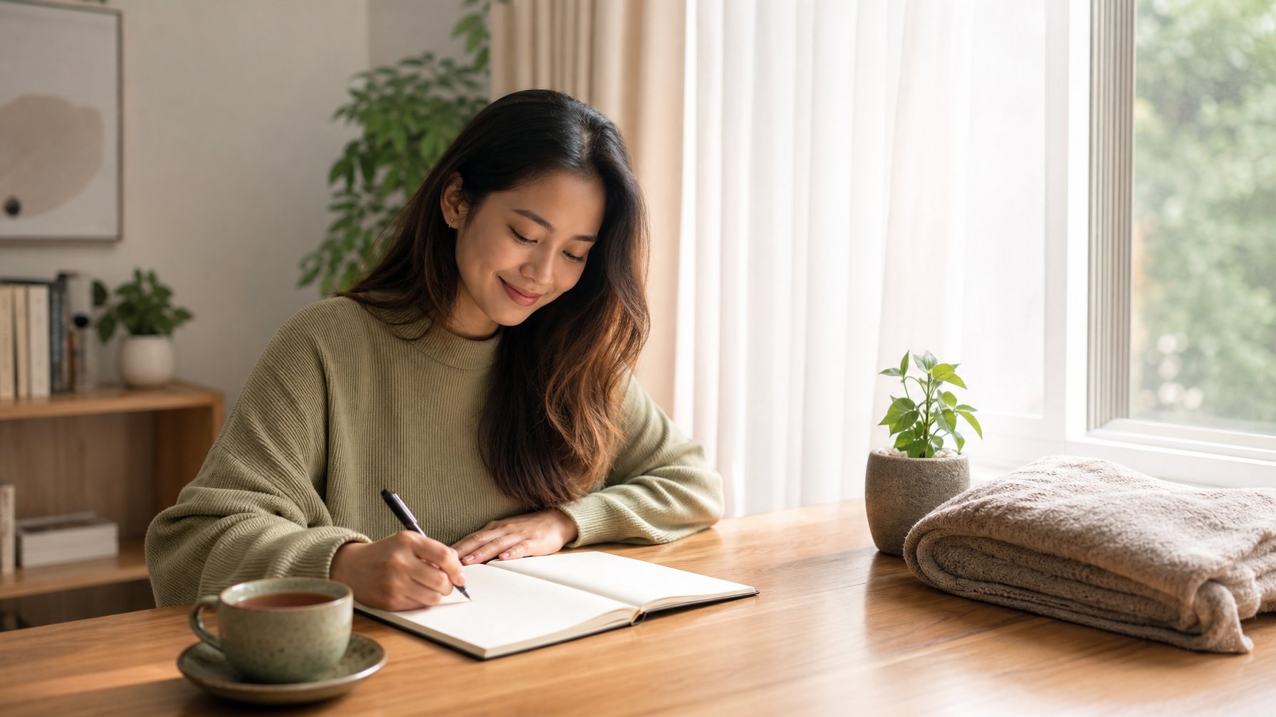Seorang perempuan menulis di buku catatan di meja dekat jendela dengan ekspresi tenang dan lega.