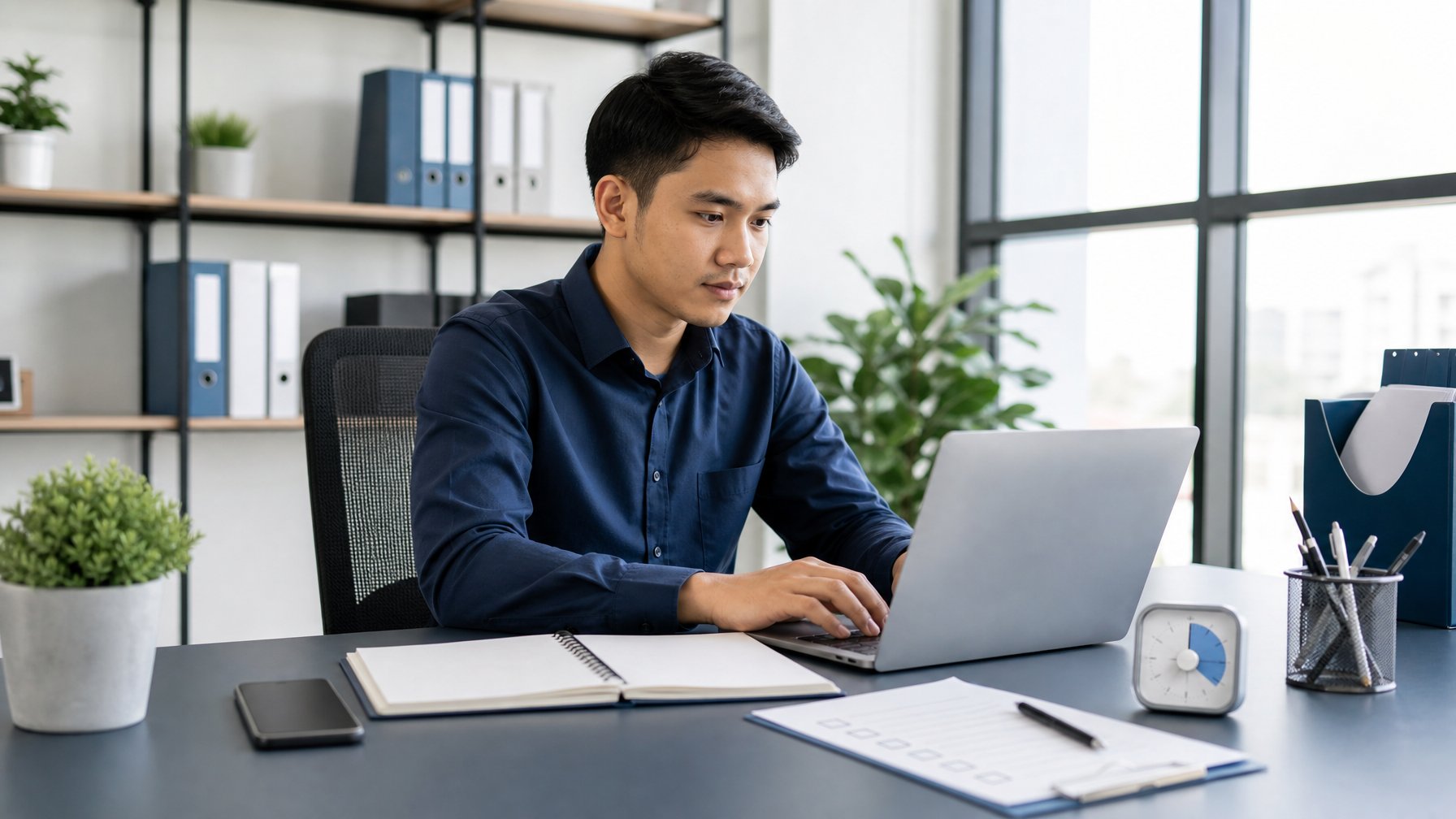 Seorang pekerja kantor fokus menyelesaikan tugas di meja kerja yang rapi dengan laptop dan ponsel yang disisihkan.