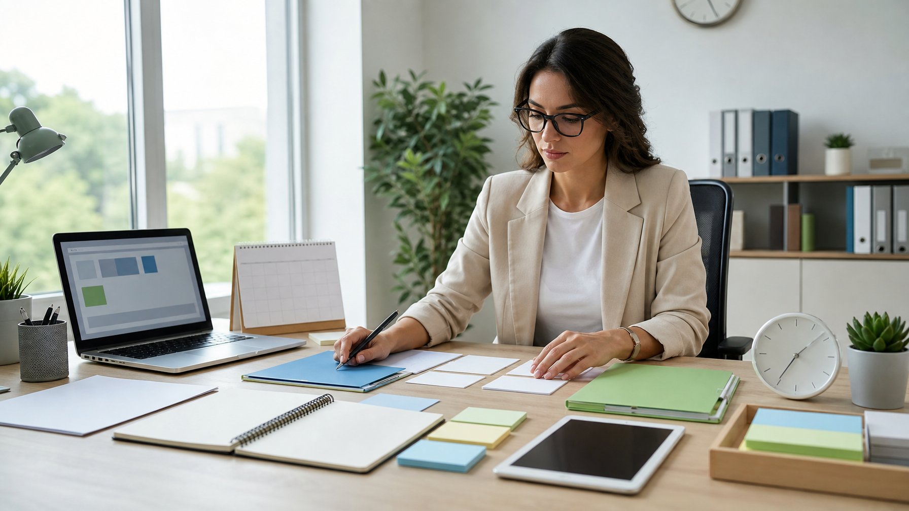 Seorang profesional mengatur beberapa proyek di meja kerja modern dengan laptop, folder, kalender kosong, dan jam.