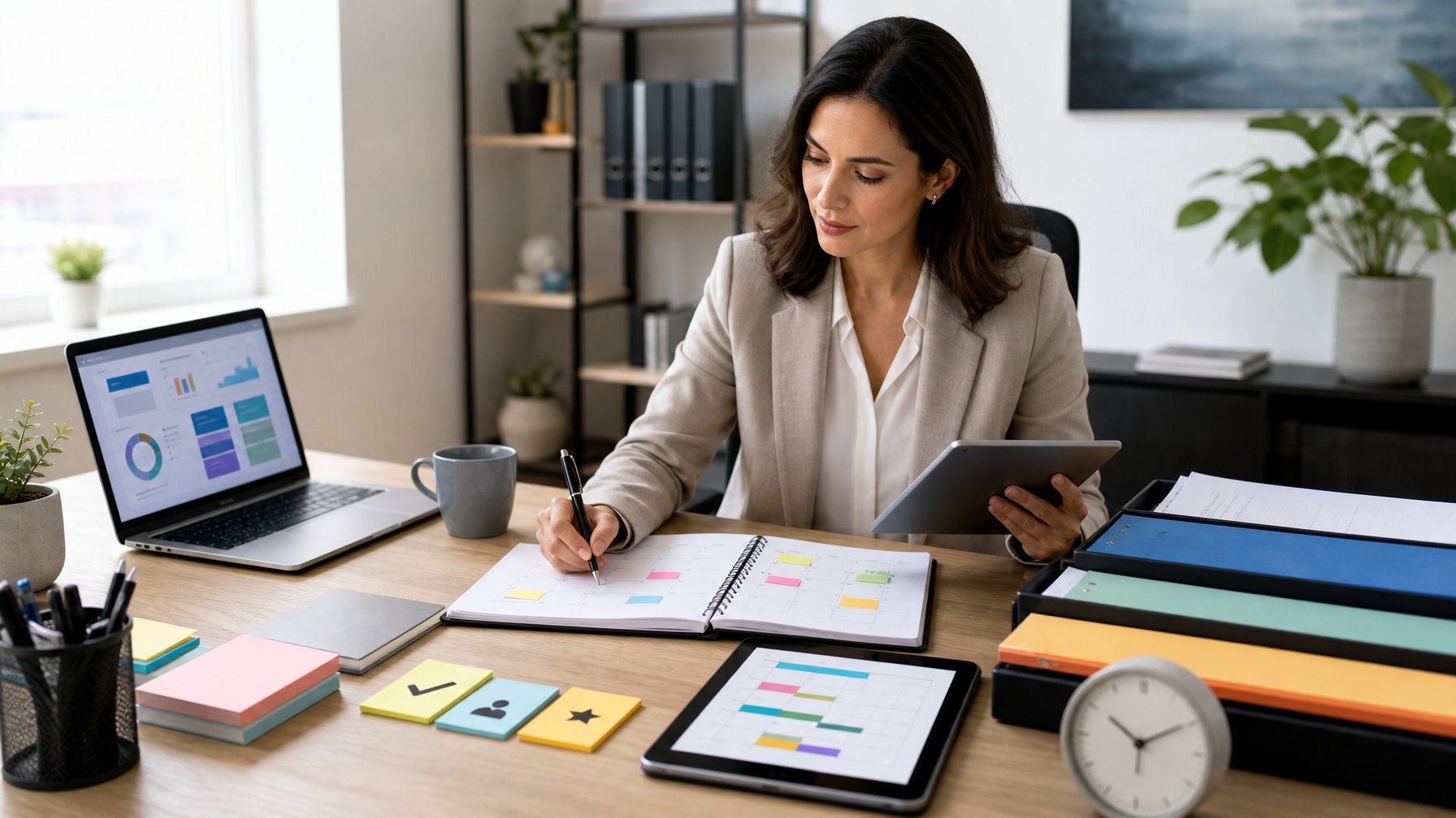 Seorang profesional mengatur beberapa proyek di meja kerja yang rapi dengan laptop, tablet, planner, dan dokumen yang tersusun.