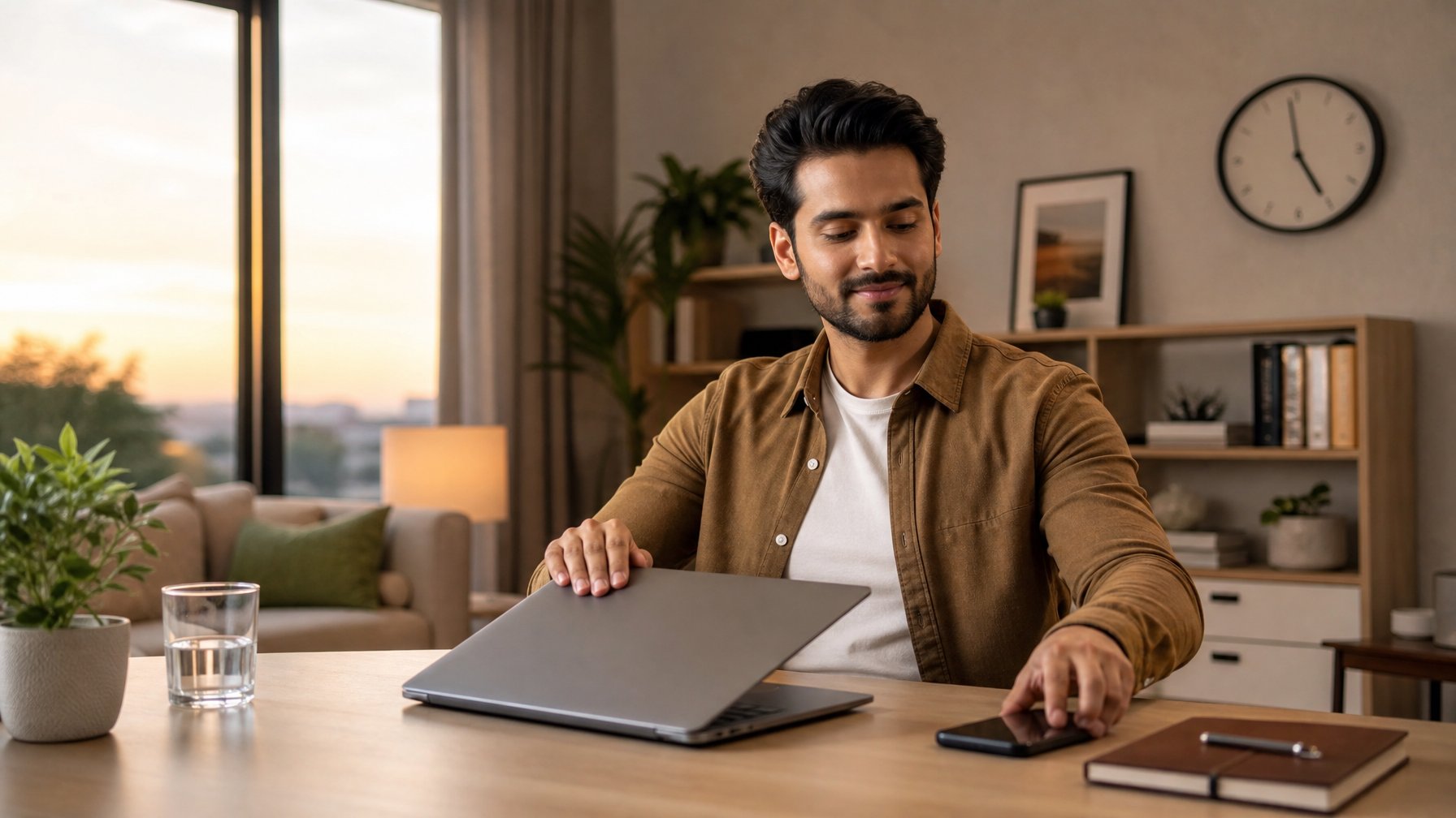 Seorang karyawan menutup laptop dan meletakkan ponsel setelah jam kerja di ruang kerja rumah yang rapi.