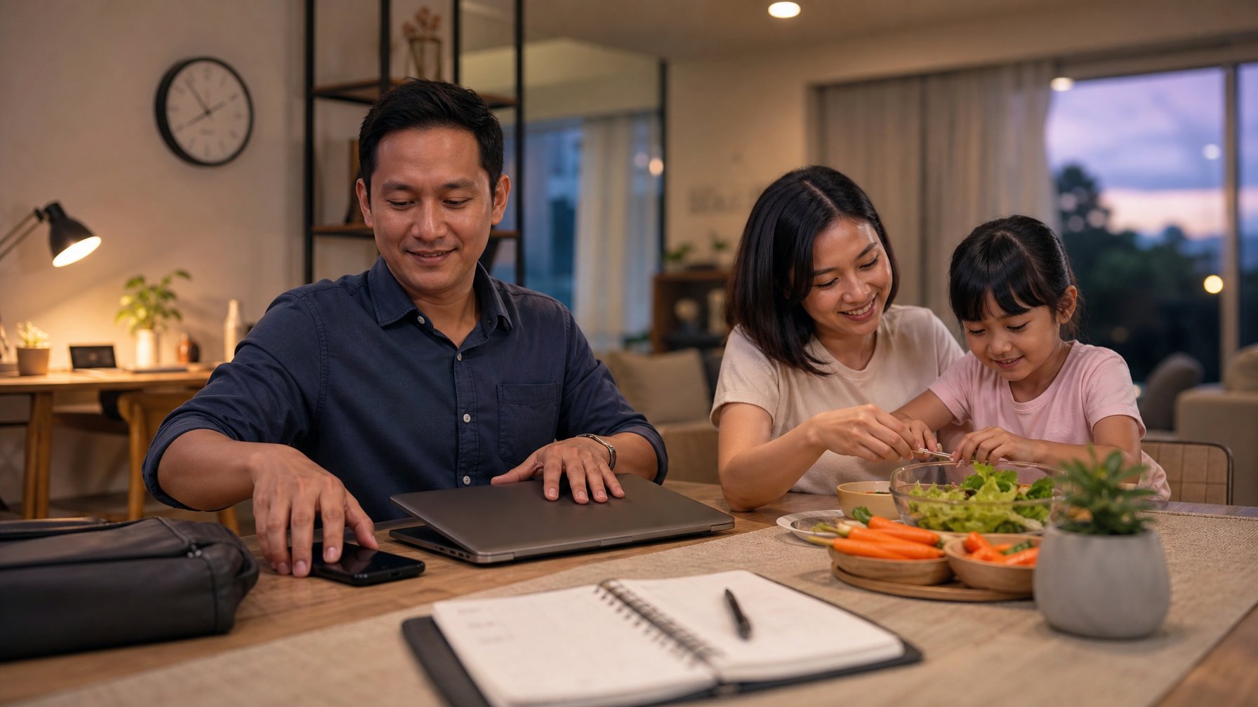 Orang tua menutup laptop saat berkumpul hangat bersama pasangan dan anak di ruang makan.