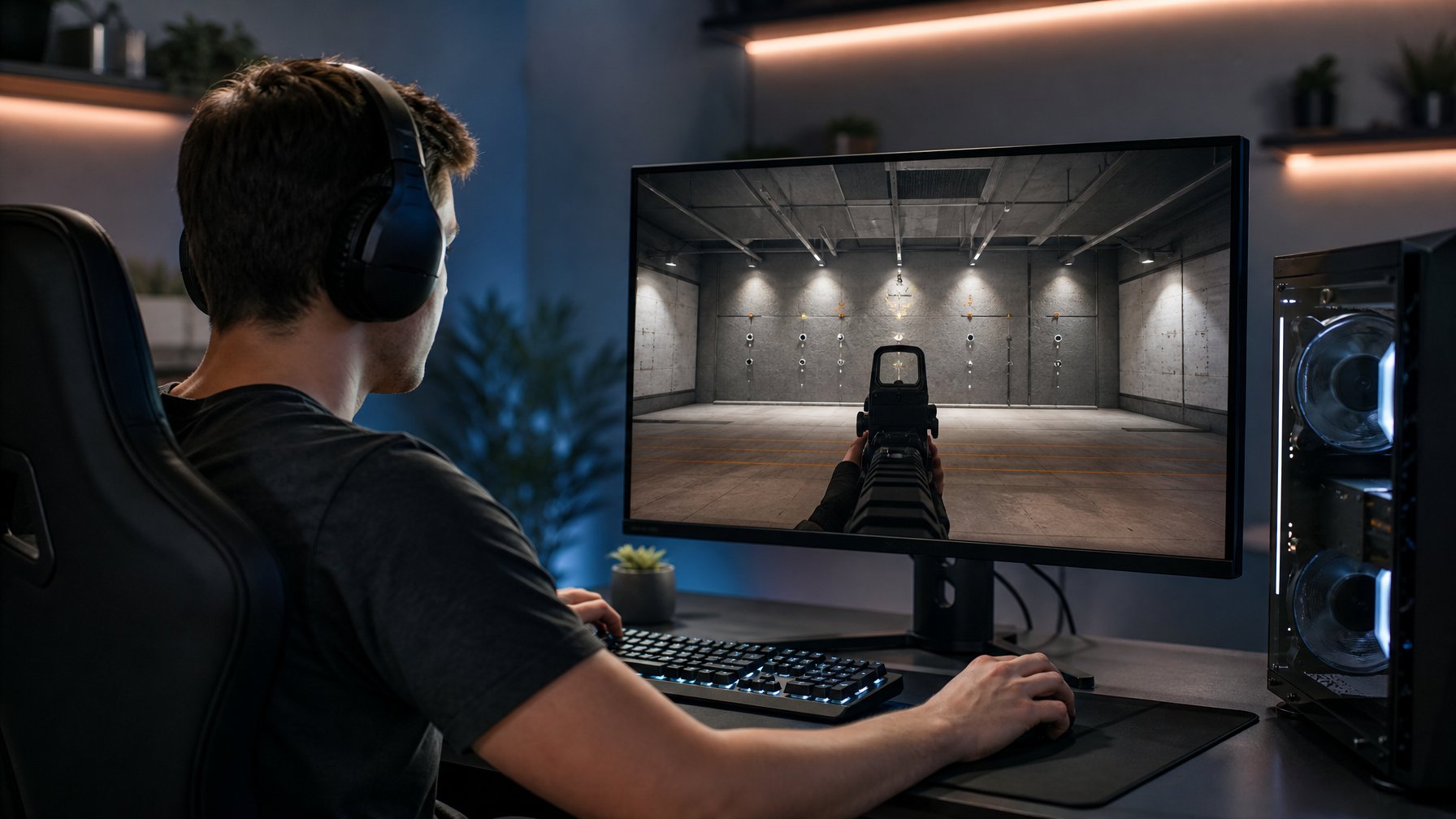 Pemain pemula berlatih mengendalikan recoil di depan komputer dalam suasana ruang gaming.