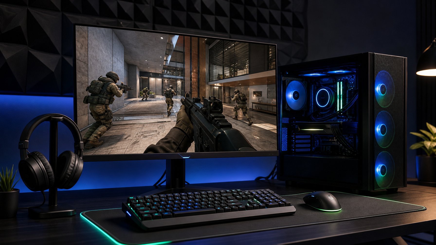 Komputer gaming modern menampilkan permainan tembak-menembak taktis di monitor dengan keyboard, tetikus, dan headset di atas meja.