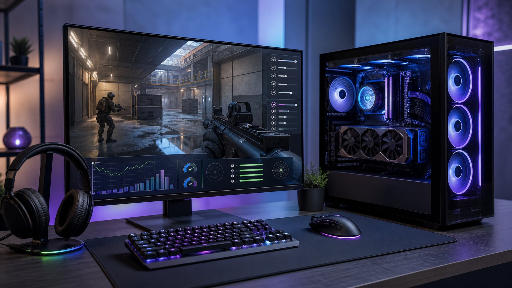 Komputer gaming modern dengan monitor yang menampilkan adegan permainan taktis dan grafik performa.