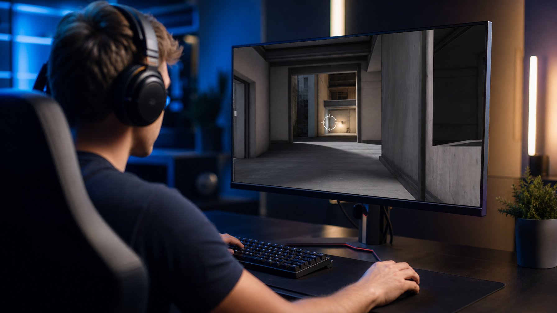 Pemain esports berlatih menempatkan bidikan setinggi kepala pada lorong taktis di layar monitor.