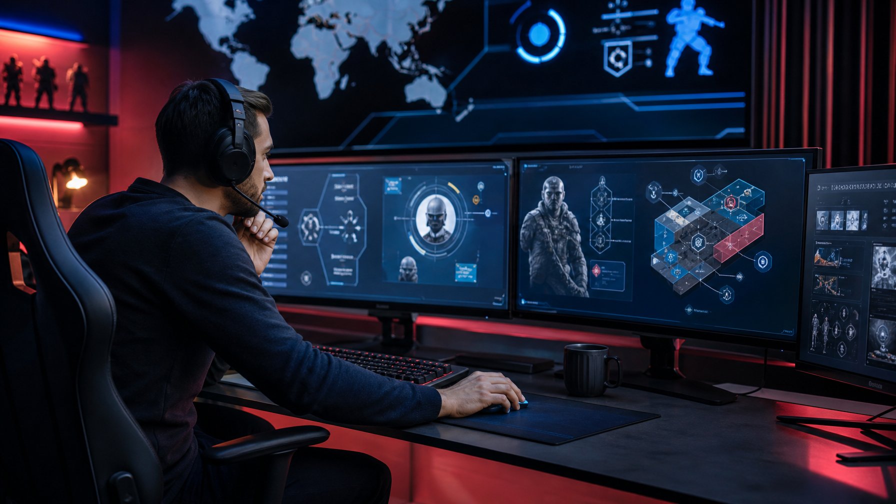 Seorang analis esports mempelajari strategi operator baru di studio gaming dengan beberapa monitor dan perlengkapan taktis.