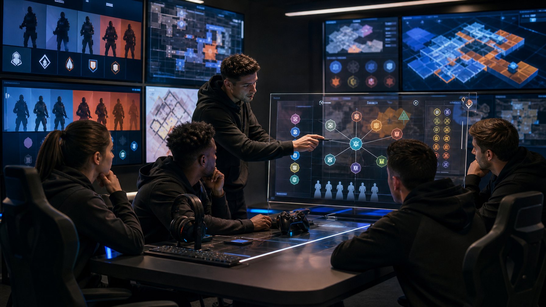 Tim esports menganalisis komposisi operator dan strategi permainan di ruang kerja dengan beberapa monitor.