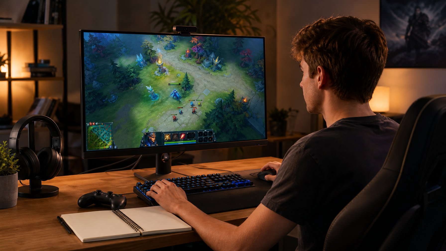 Pemula belajar bermain gim strategi di depan komputer dengan perlengkapan gaming yang tertata rapi.