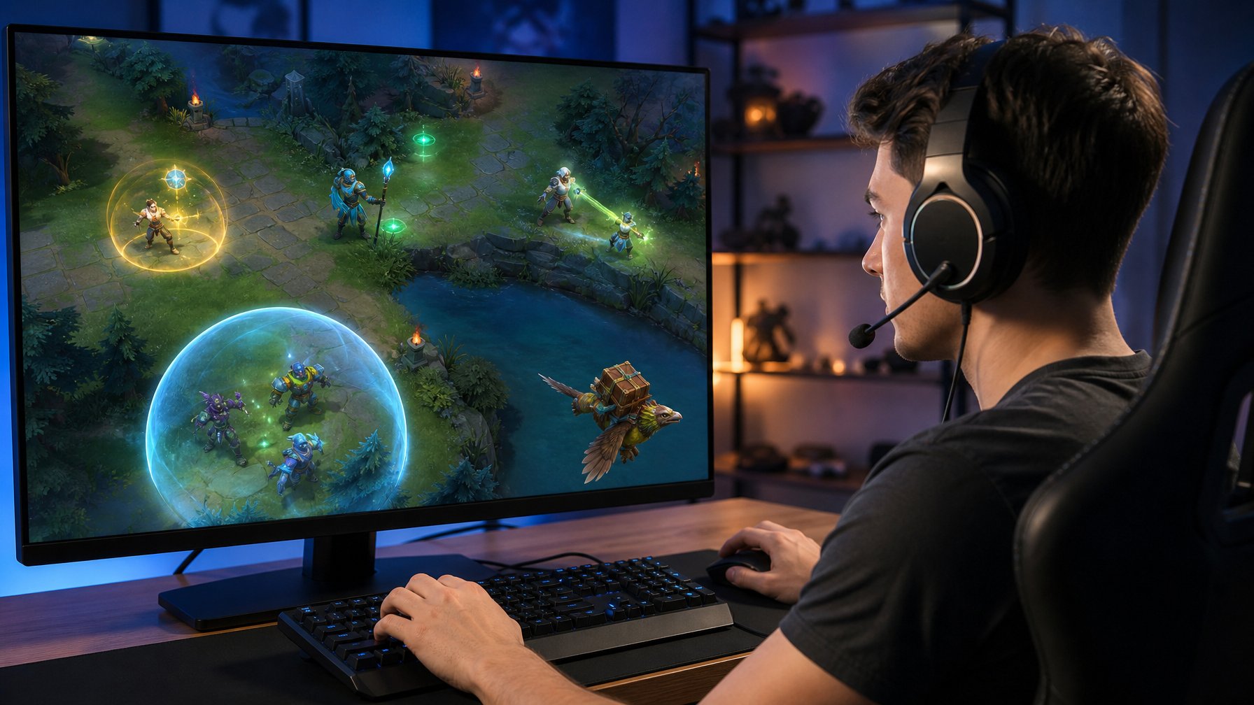 Seorang pemain esports mengendalikan permainan fantasi di komputer dengan lima elemen pendukung yang menonjol di layar.