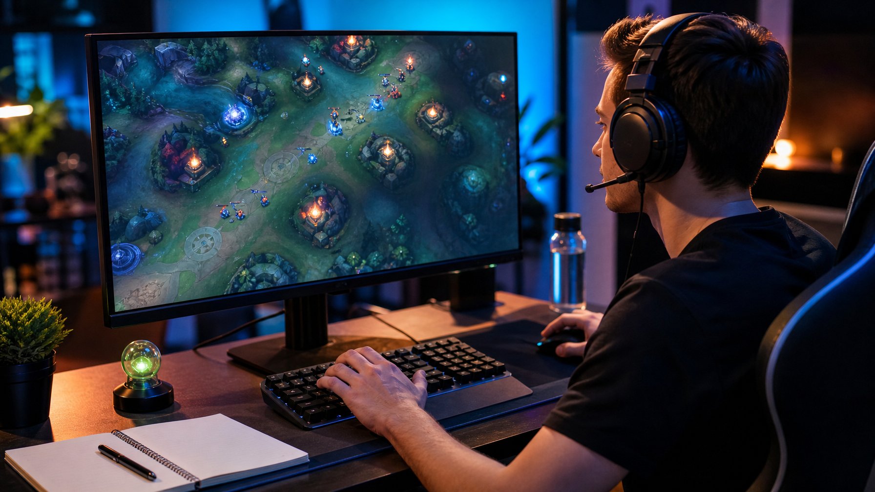 Pemain esports memantau peta permainan dari meja komputer dengan perlengkapan pendukung di sekitarnya.