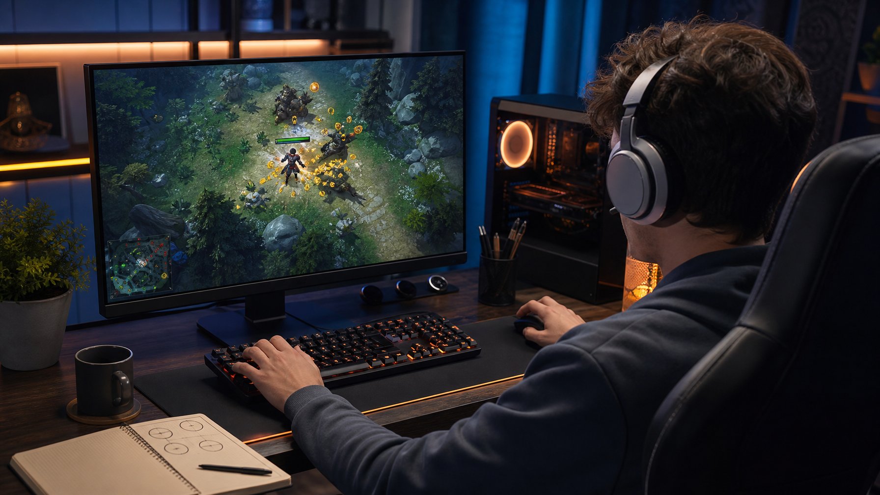 Pemain esports sedang mengendalikan karakter fantasi untuk mengumpulkan sumber daya di medan perang permainan.