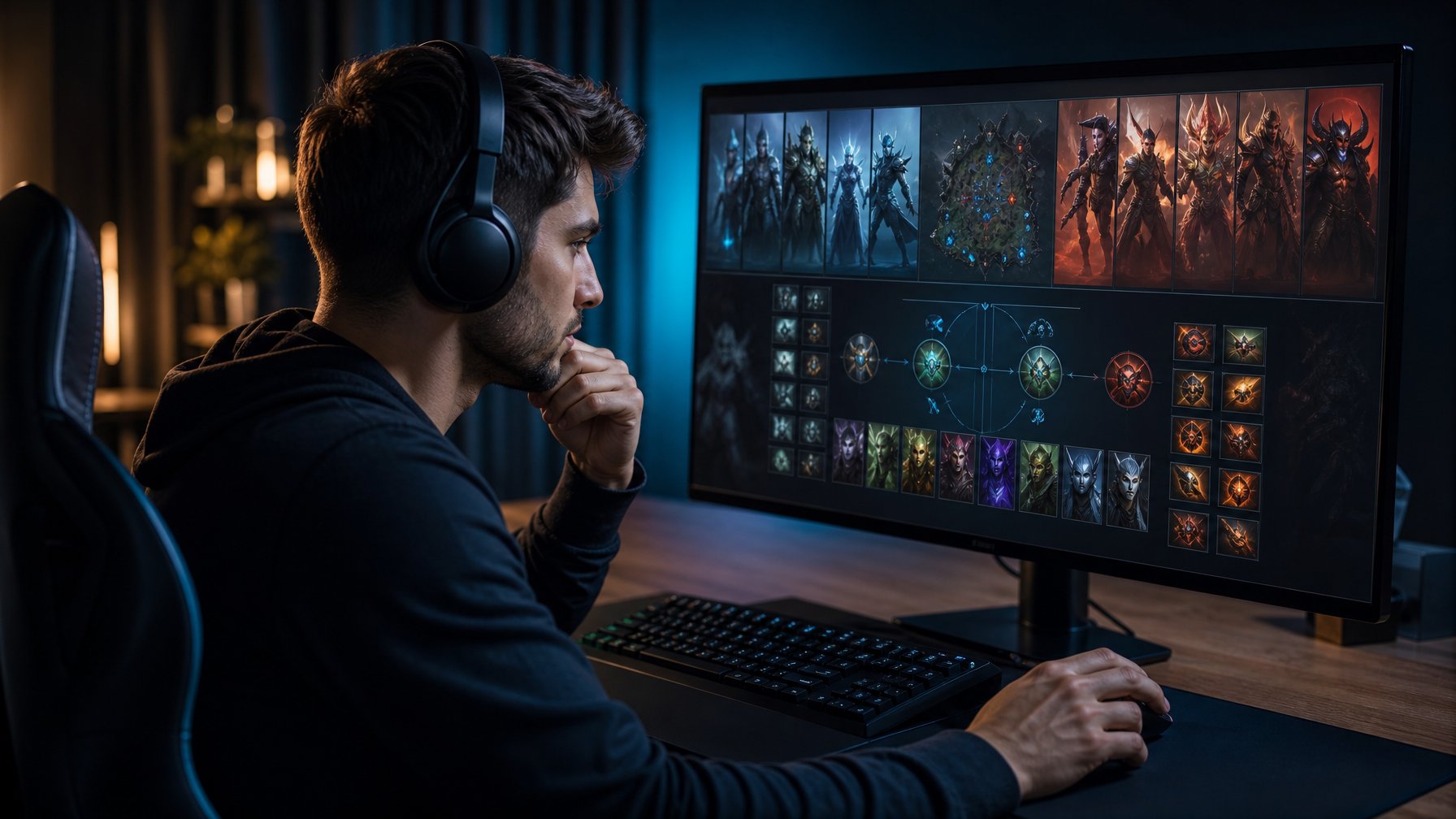 Pemain esports sedang menganalisis pilihan hero dan strategi pertandingan di depan komputer.