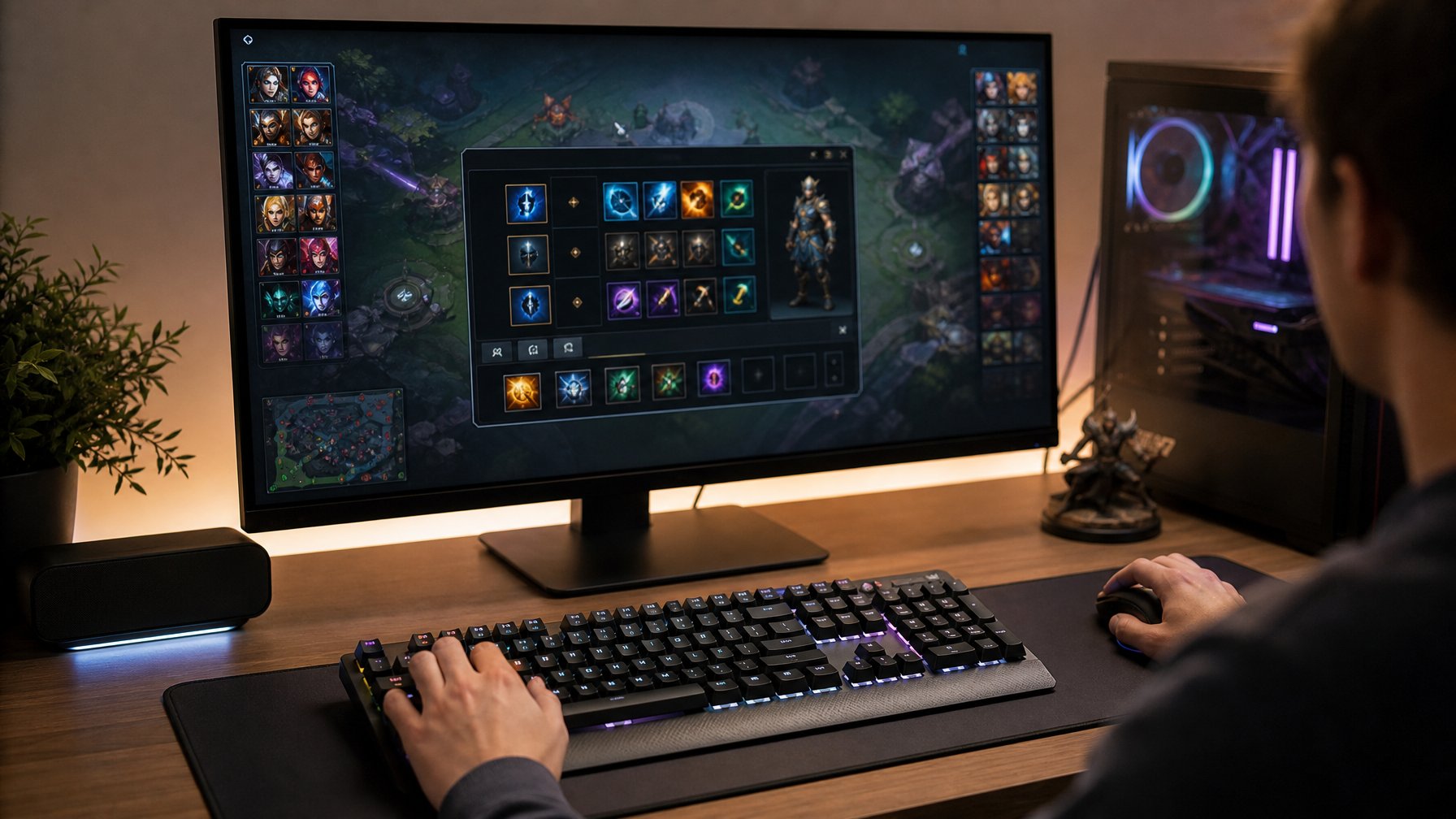 Tangan pemula mengatur keyboard dan mouse di depan monitor permainan strategi fantasi.