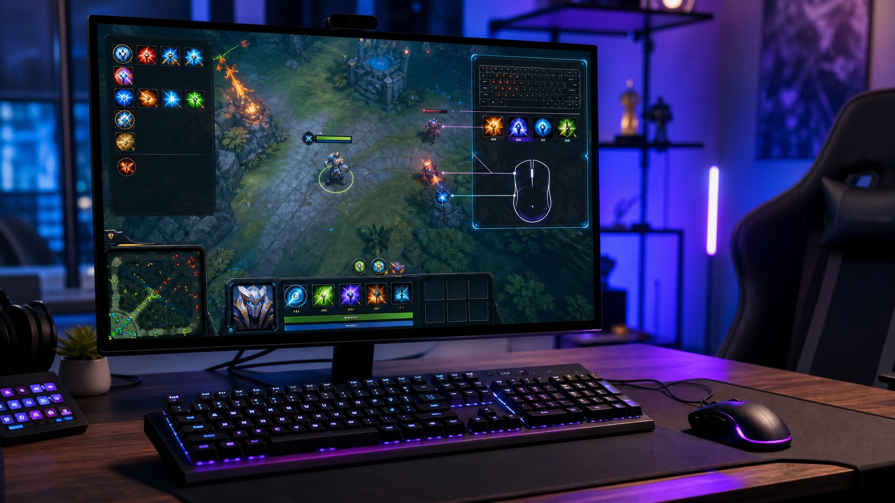 Meja gaming dengan keyboard, mouse, dan monitor yang menampilkan antarmuka permainan fantasi.