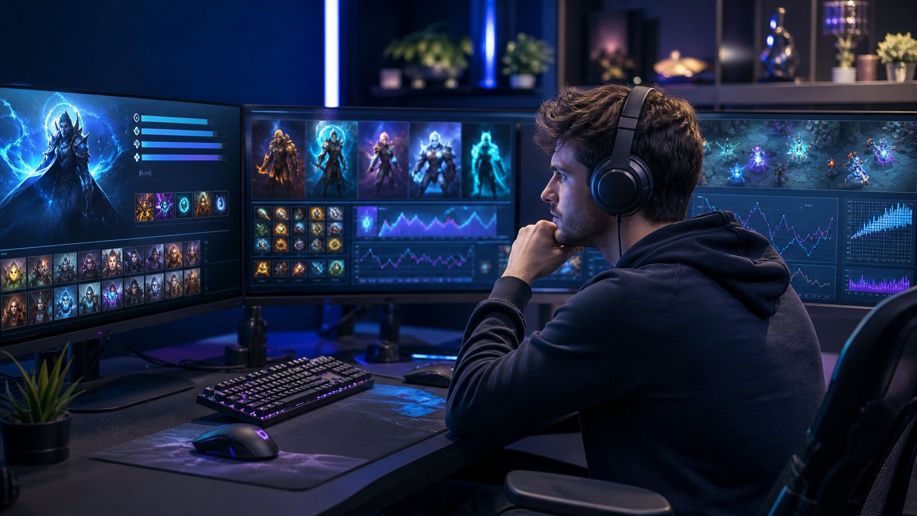 Seorang analis esports mempelajari grafik strategi dan energi mana di beberapa monitor dalam studio gaming.