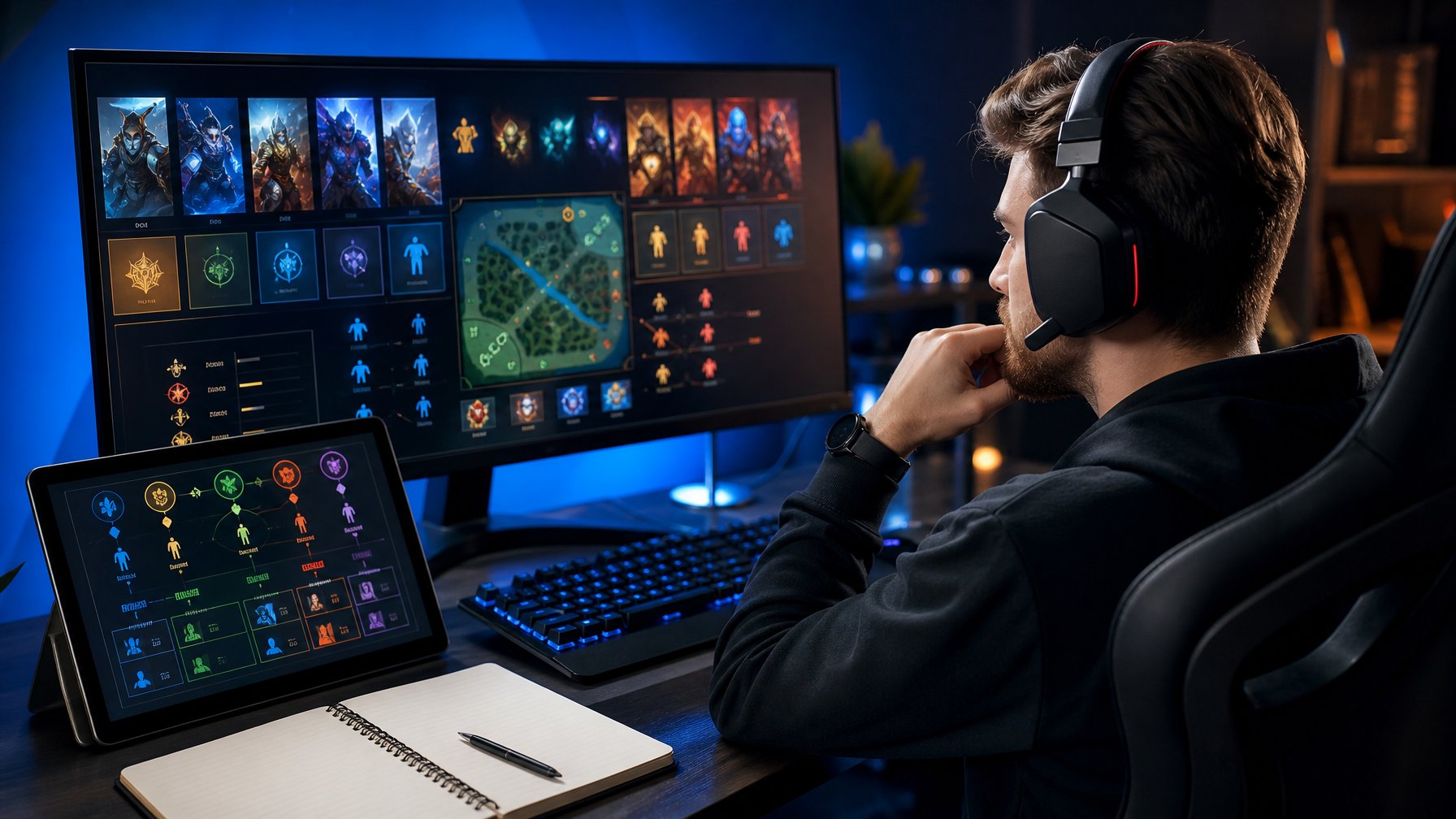 Seorang gamer menganalisis strategi dan komposisi tim di depan layar sebelum pertandingan.