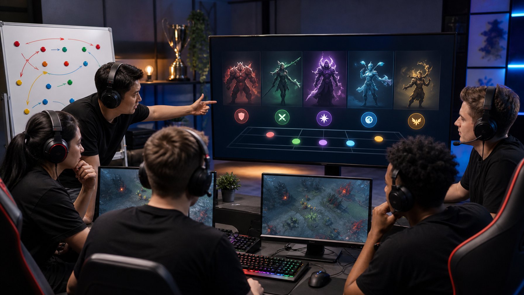 Lima pemain esports berdiskusi dan menyusun strategi komposisi tim sebelum pertandingan di ruang gaming modern.