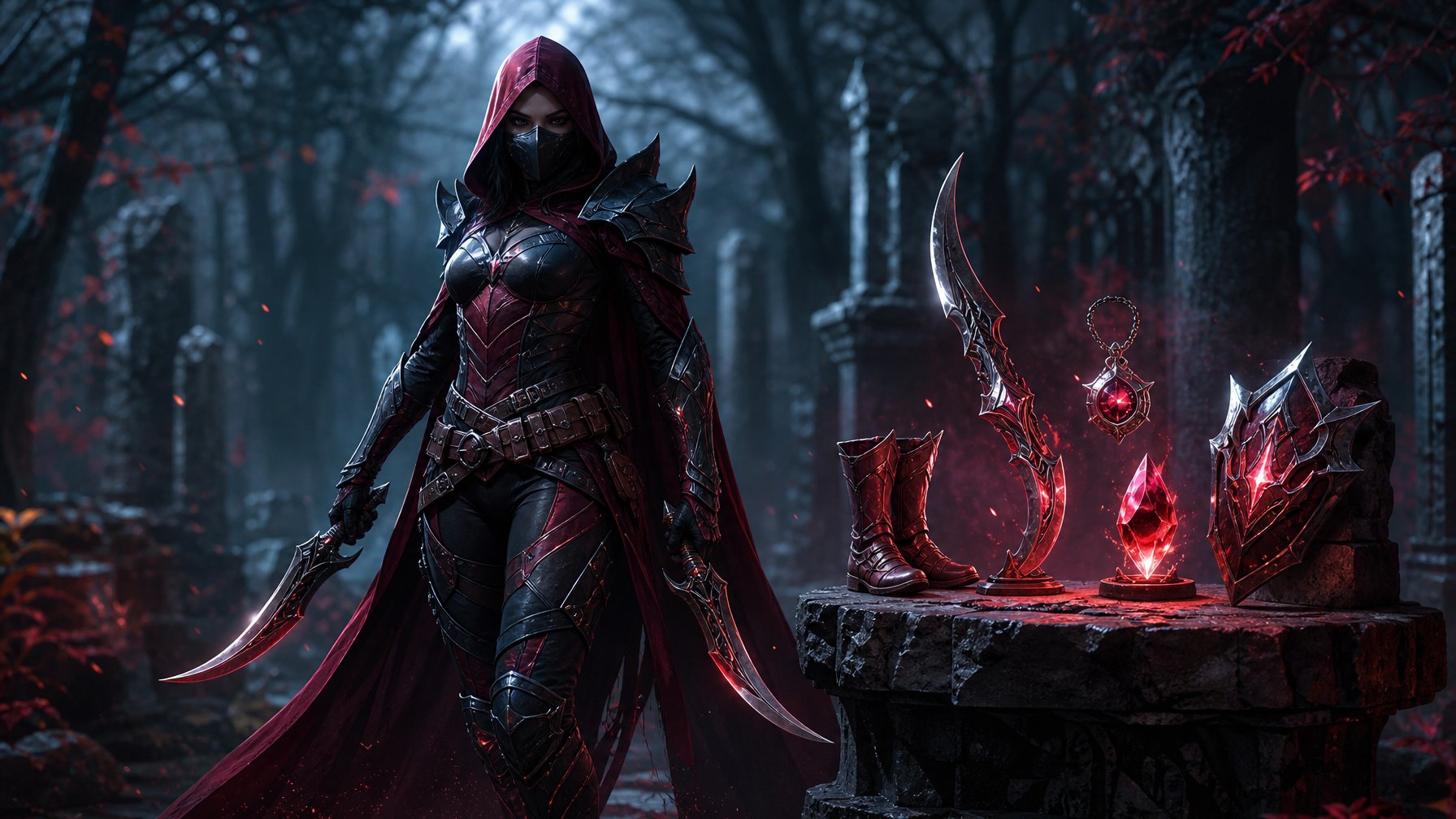 Seorang pembunuh bertopeng berdiri di medan pertempuran hutan dengan dua belati dan perlengkapan fantasi bercahaya.