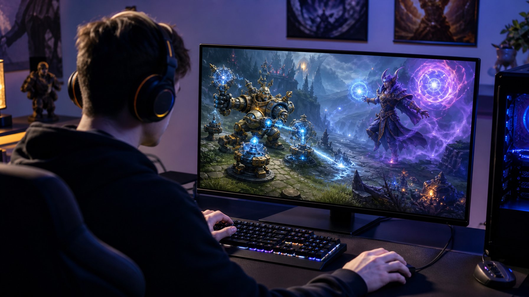 Seorang pemain esports mengendalikan pertarungan antara teknisi bersenjata dan penyihir berkekuatan magis di layar komputer.