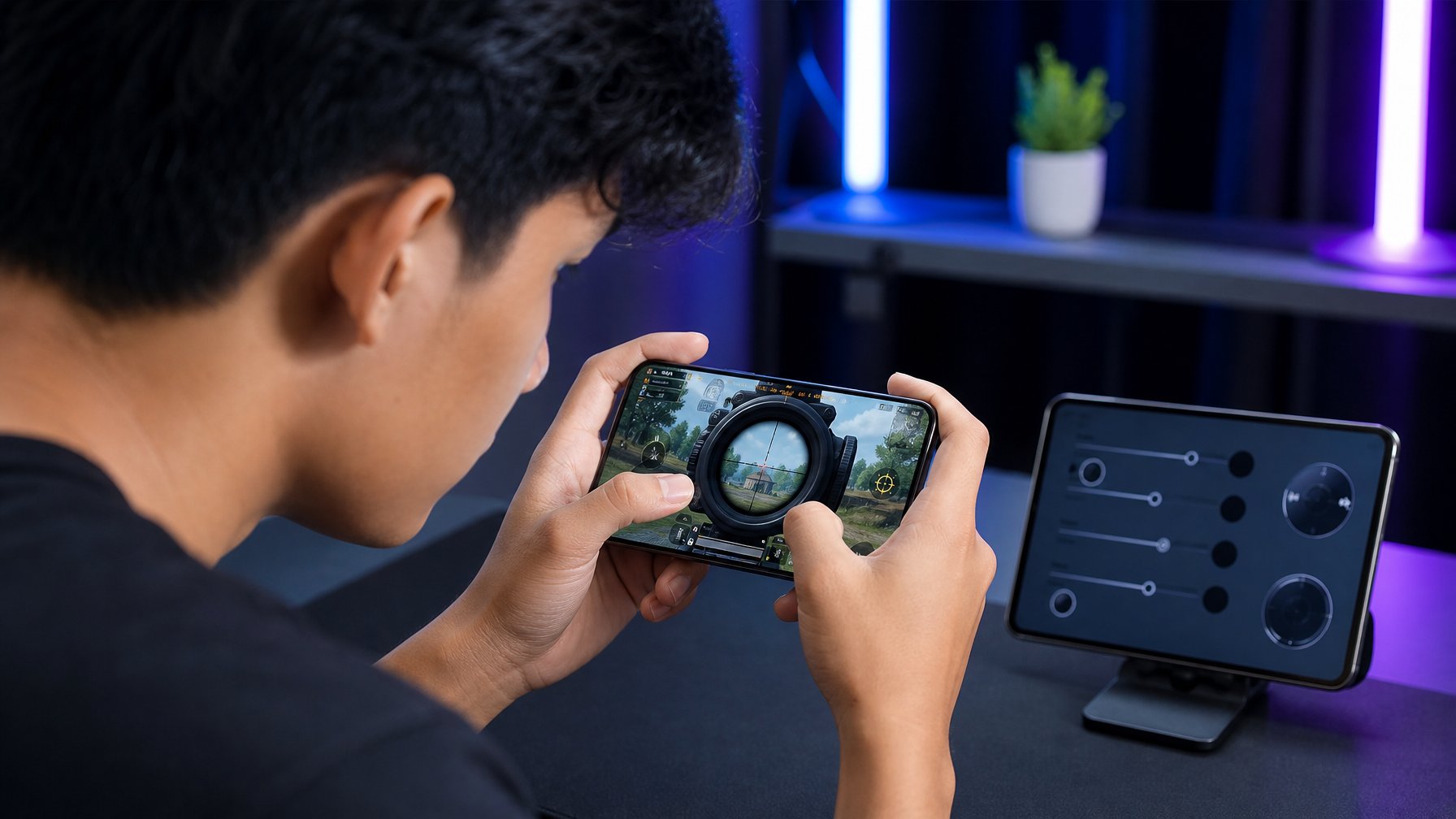 Seorang gamer mengatur kontrol ponsel sambil membidik target jarak jauh dalam permainan.