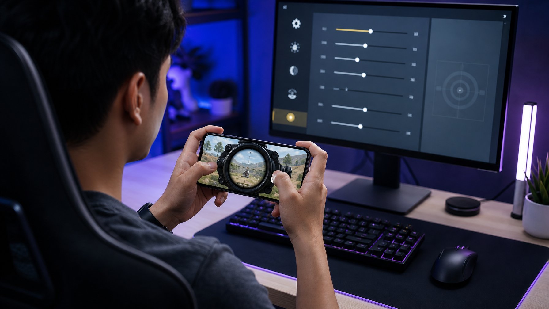 Seorang pemain memegang ponsel sambil berlatih membidik target jarak jauh di meja gaming.