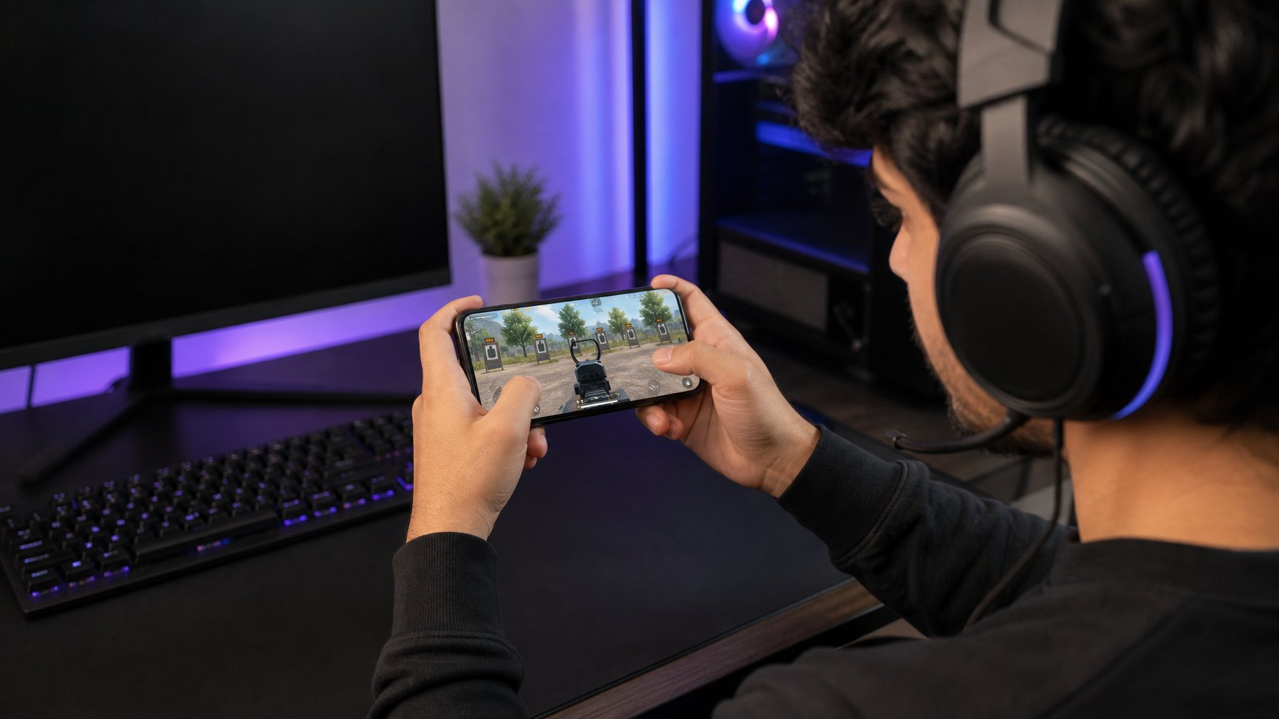 Seorang gamer berlatih mengendalikan recoil di area latihan permainan pada ponsel.