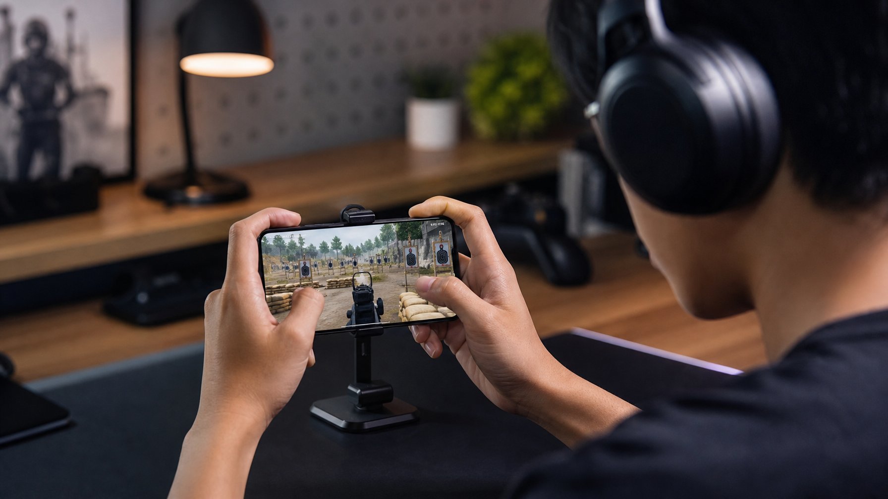 Seorang pemain berlatih mengendalikan recoil di ponsel pada meja gaming.