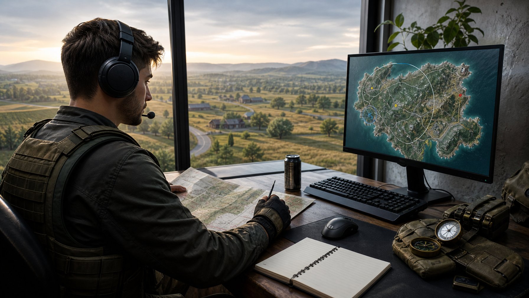 Seorang gamer sedang menyusun strategi di meja komputer dengan pemandangan pedesaan dan peta taktis di sekitarnya.