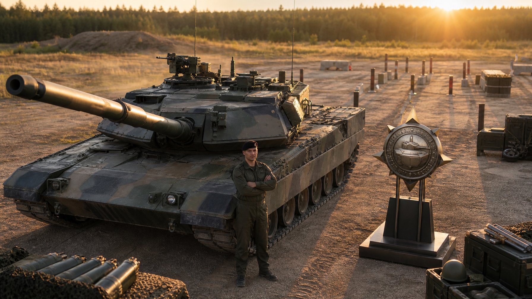Sebuah tank tempur modern berada di area latihan dengan lencana penghargaan di dekatnya.