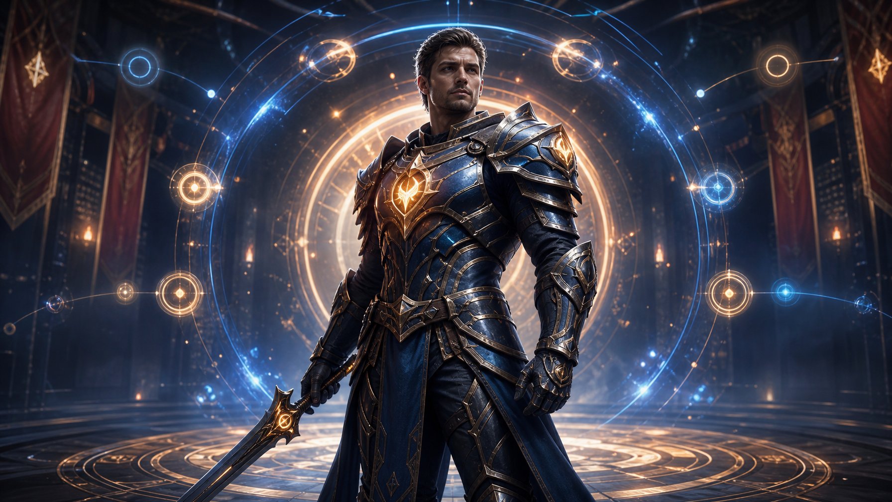 Seorang petarung elite berdiri di arena dengan armor tempur dan aura energi bercahaya.