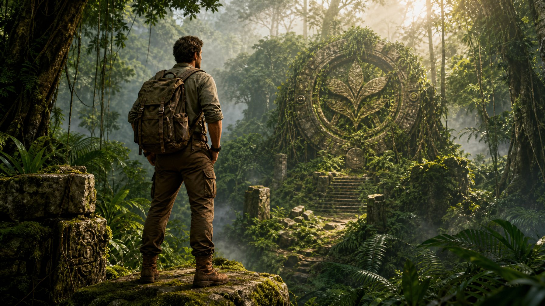 Seorang penjelajah berdiri di tengah hutan tropis yang rimbun dengan latar batu dan kabut.