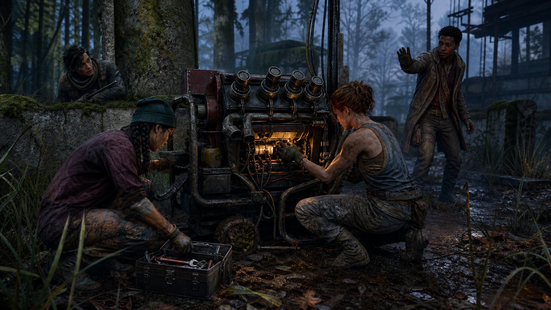 Empat penyintas bekerja sama memperbaiki generator rusak menggunakan perkakas di lingkungan industri yang berkabut.