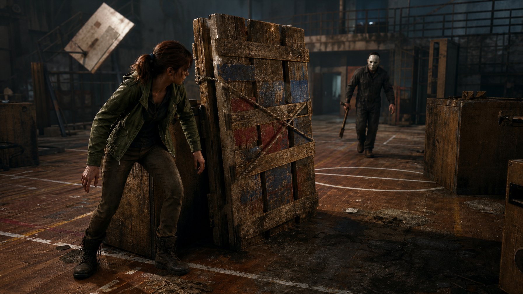 Seorang penyintas mengitari palet kayu di dalam gedung olahraga terbengkalai sambil menghindari pembunuh bertopeng.