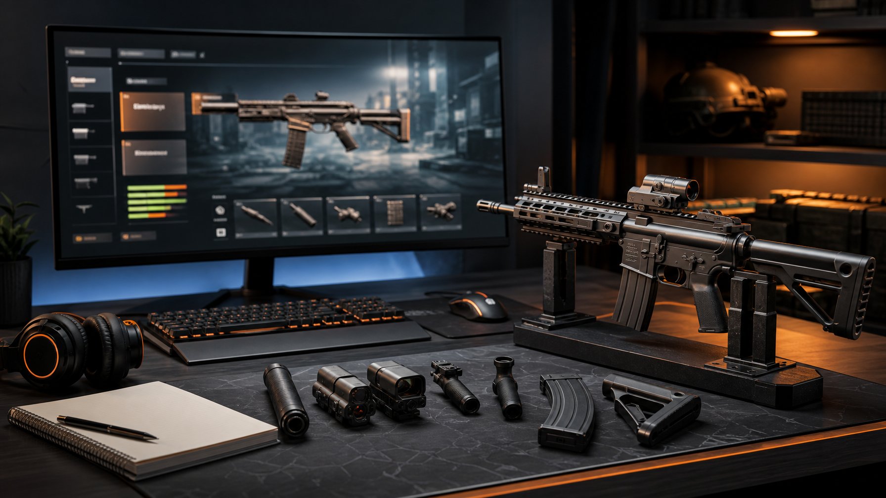 Meja gaming dengan monitor yang menampilkan antarmuka kustomisasi senjata, perlengkapan senjata, dan aksesori yang tersusun rapi.