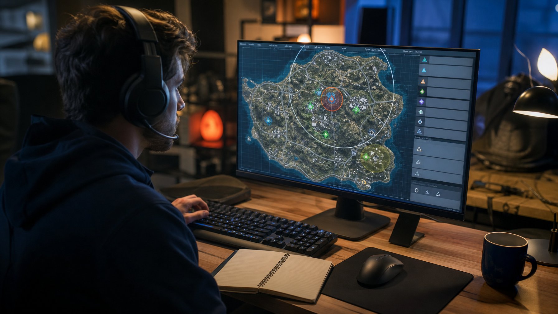Seorang gamer merencanakan strategi pertandingan dengan mempelajari peta taktis di depan komputer.