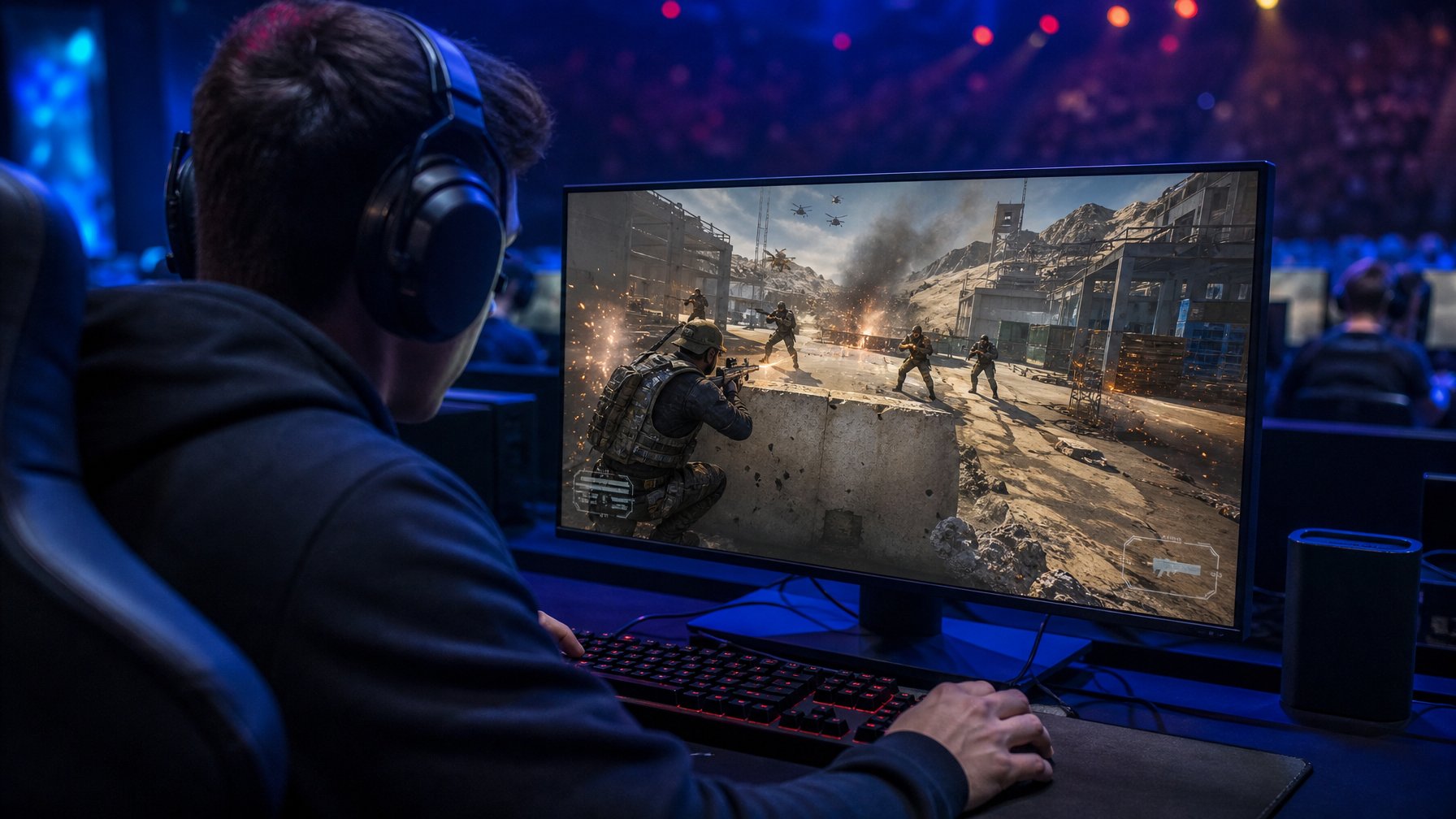 Pemain esports menghadapi empat lawan dalam adegan pertempuran intens di layar komputer.