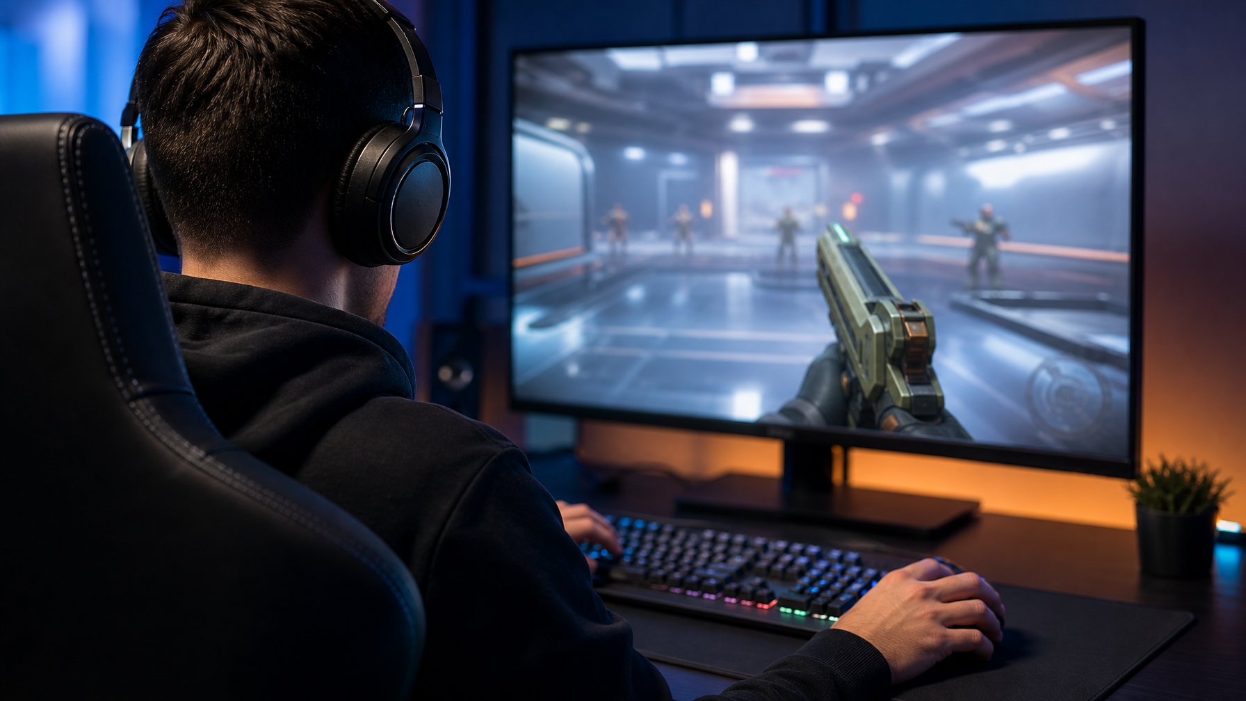 Seorang pemain gim menguji senjata virtual yang sederhana di depan komputer dalam suasana lobi multiplayer.