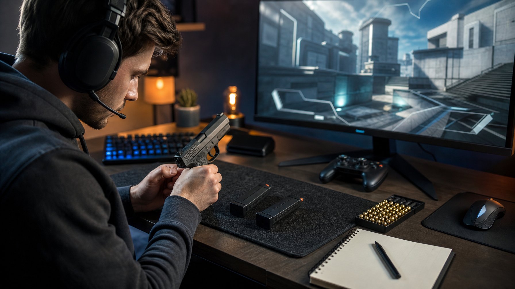 Seorang gamer menyiapkan pistol dan perlengkapan bermain di meja gaming dengan layar permainan di latar belakang.